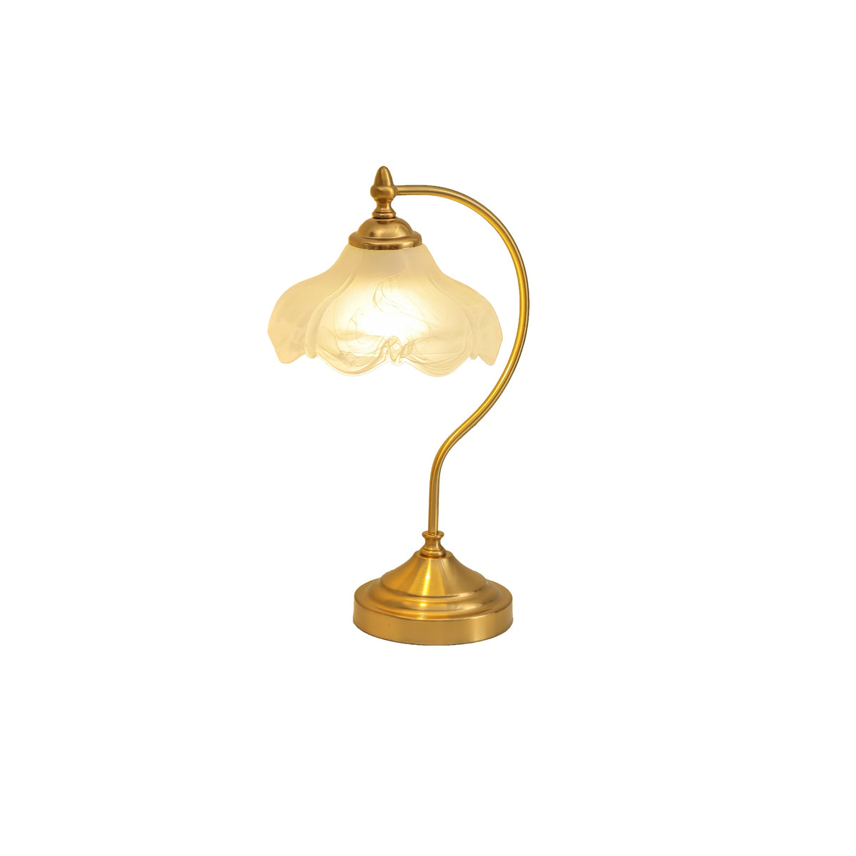 A smaller view of this Clérachic lamp lit on a white backdrop, the warm glass shade above a tall curved brass arm.