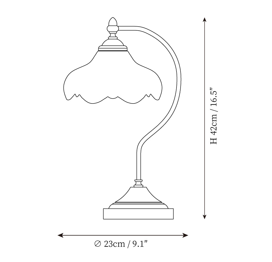 Clérachic table lamp dimension drawing, every measurement marked in centimetres and inches.