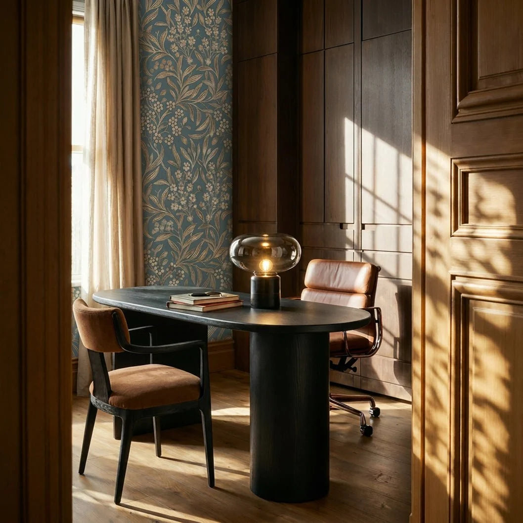 Clérachic smoked glass table lamp with a black marble base on an oval black desk in a study, with a leather chair