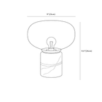 Clérachic table lamp dimension drawing, 1 of 2, every measurement marked in centimetres and inches.
