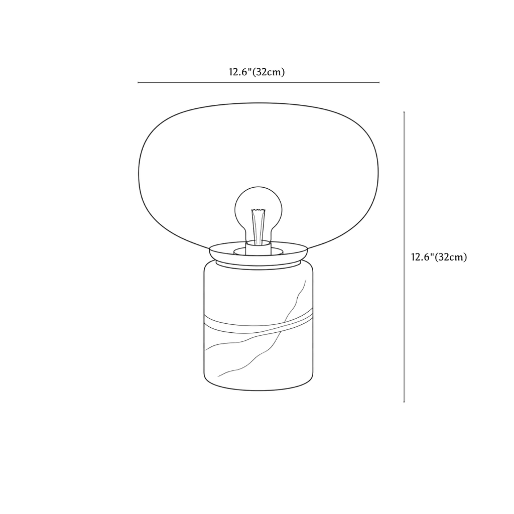 Clérachic table lamp dimension drawing, 2 of 2, every measurement marked in centimetres and inches.