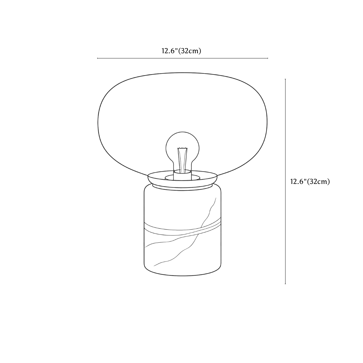 Clérachic table lamp dimension drawing, 2 of 2, every measurement marked in centimetres and inches.