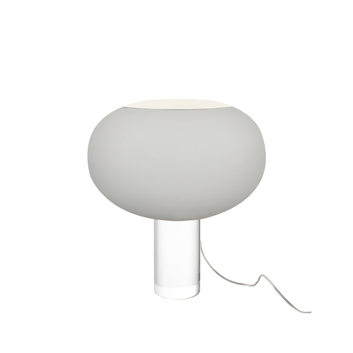 The grey version of this Clérachic table lamp, a wide frosted globe on a clear glass cylinder, with its clear cord curling to the right.
