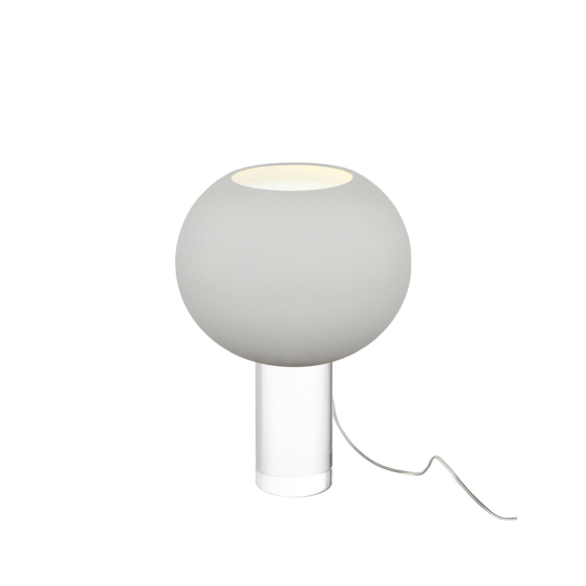 A smaller grey Clérachic table lamp, its frosted globe on a short clear base, with a clear cord looping to the right.