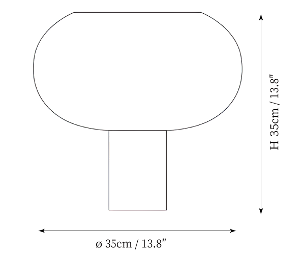 Clérachic table lamp dimension drawing, every measurement marked in centimetres and inches.