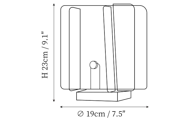 Clérachic table lamp dimension drawing, every measurement marked in centimetres and inches.