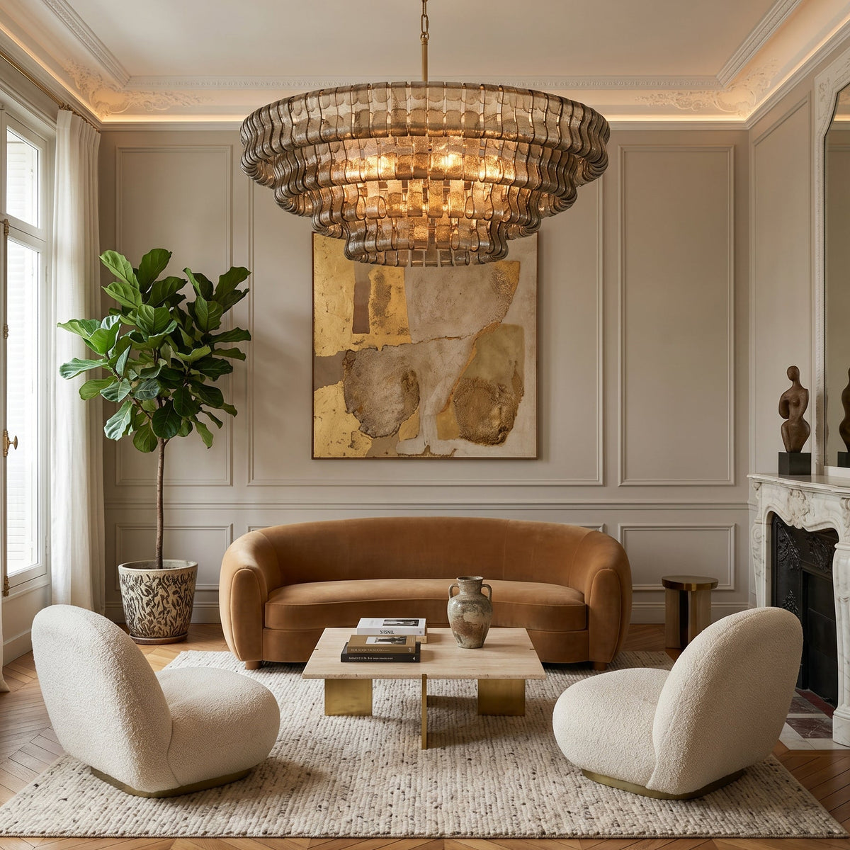 A tiered glass chandelier from Clérachic hangs above a low stone coffee table, a caramel curved sofa and two boucle chairs.