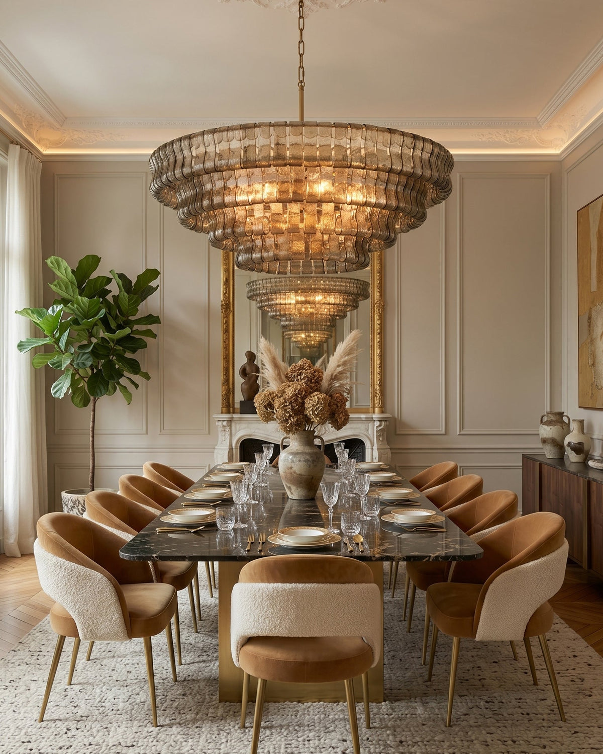 Over a long glass-topped dining table with suede and boucle chairs hangs this smoke-grey Clérachic chandelier, a mirror behind it.
