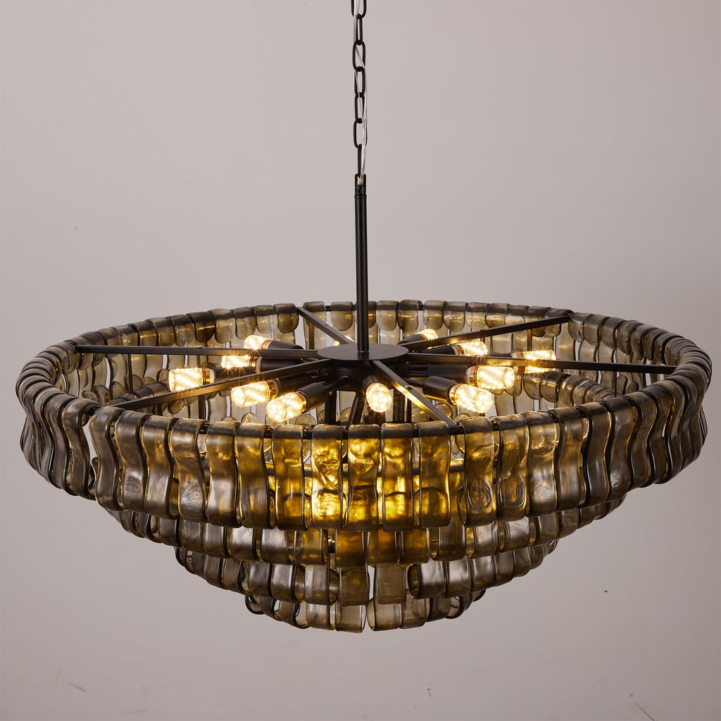 Seen from below, this smoke-grey Clérachic chandelier shows a black spoke frame and exposed warm bulbs inside the glass rim.