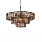 A black stem and warm centre light on this three-tier smoke-grey Clérachic chandelier, shown on a white background.