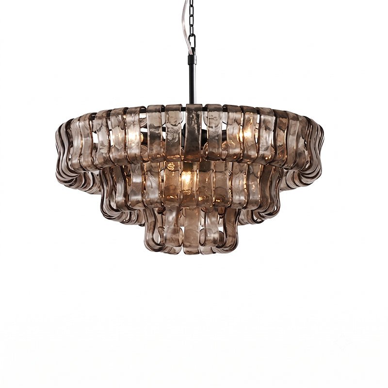 A black stem and warm centre light on this three-tier smoke-grey Clérachic chandelier, shown on a white background.