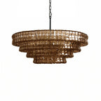 Dark smoky brown glass tiers on a Clérachic chandelier with a black chain, shown on a white background.