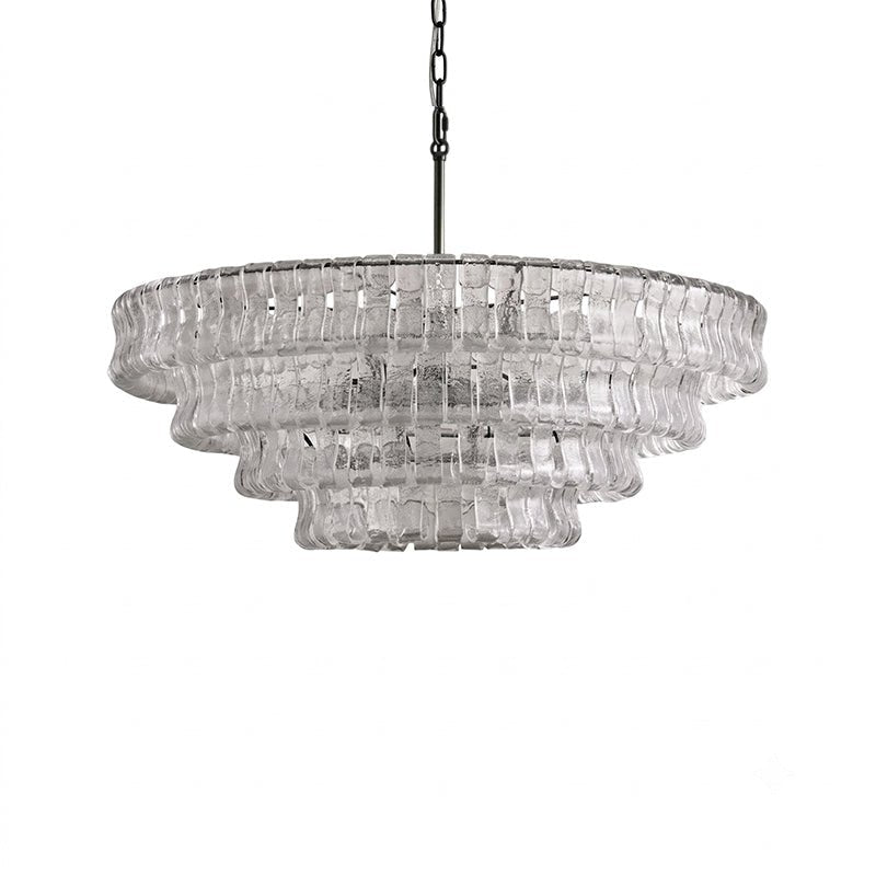 Clear glass tiers of a Clérachic chandelier with a black chain, shown on a plain white background.