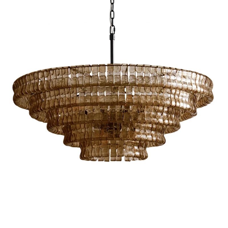 Pale smoky-brown glass on this Clérachic chandelier, five tiers on a black chain, unlit, on a white backdrop.