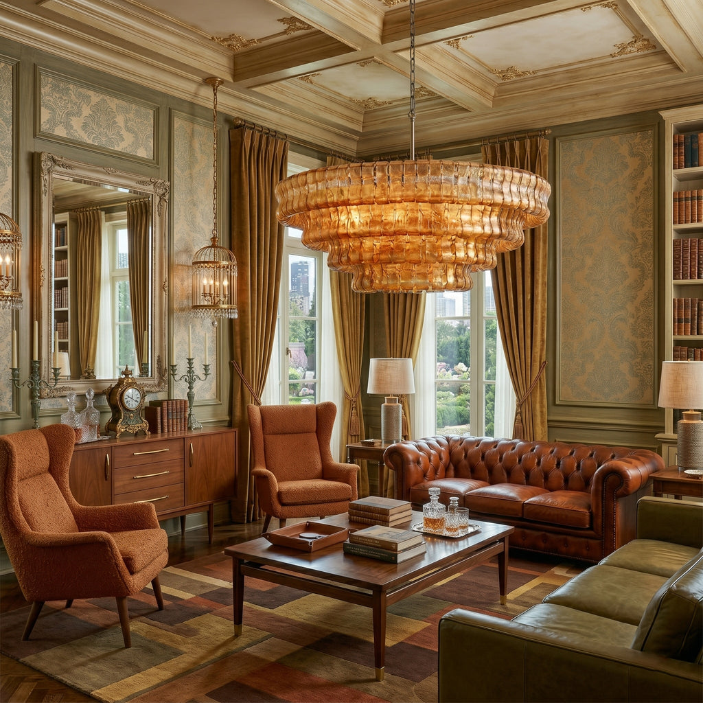 Amber glass chandelier from Clérachic hangs in a traditional living room with panelled walls, tan armchairs and a leather sofa.