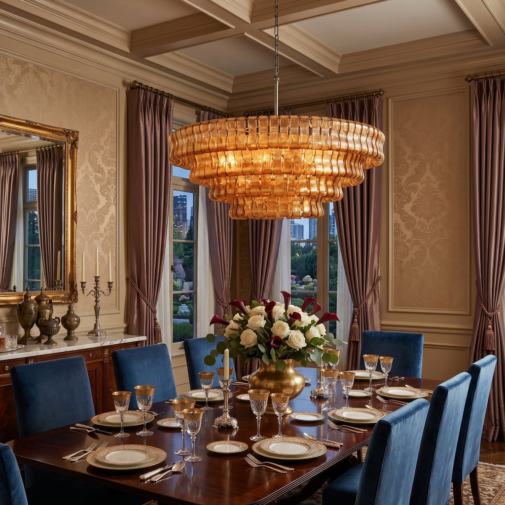 Above a polished dining table with blue velvet chairs, an amber glass Clérachic chandelier lights a room with mauve curtains.