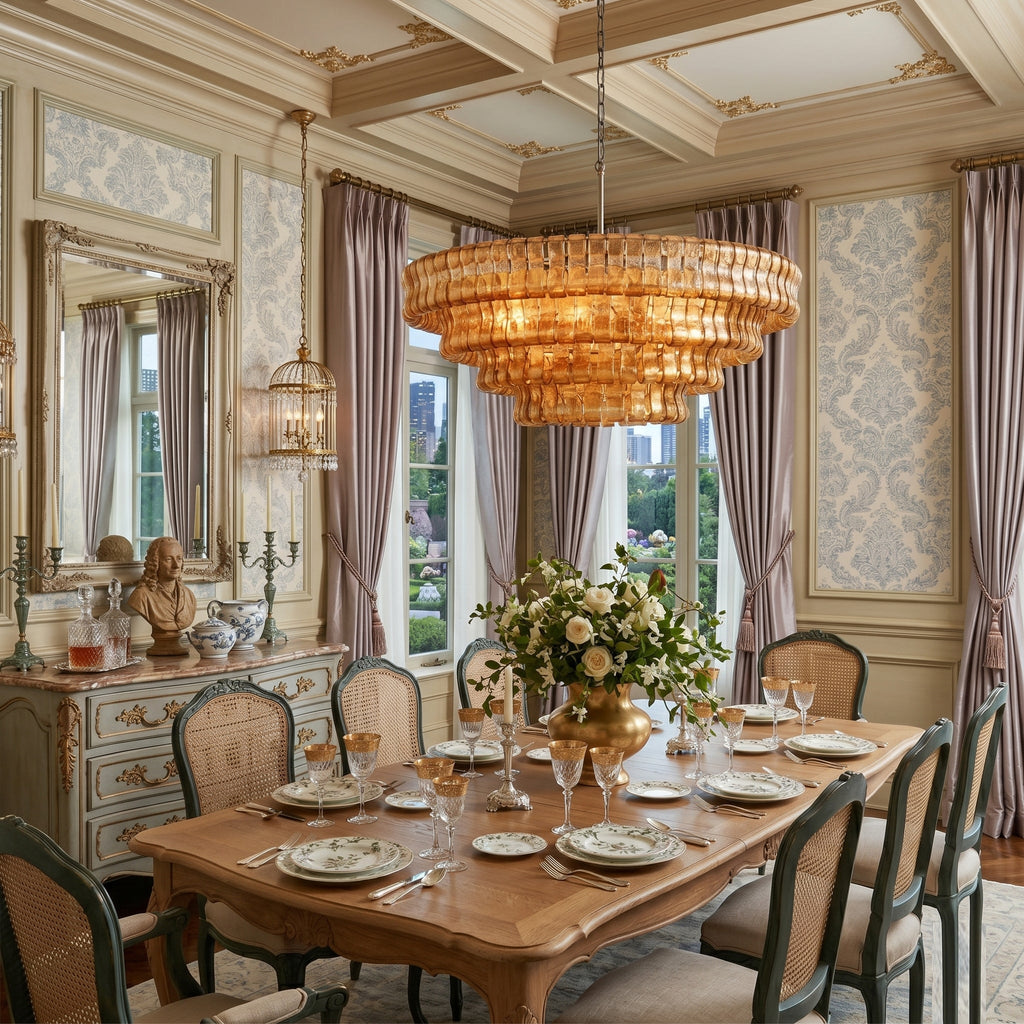An amber glass Clérachic chandelier hangs over a wooden dining table laid with plates and white flowers, beside blue-patterned panels.