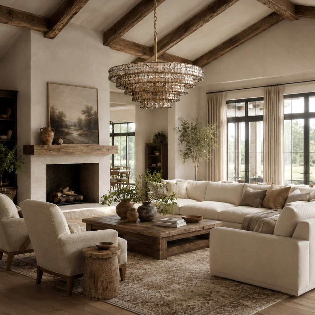 A smoke-grey Clérachic chandelier in a high-ceilinged living room with exposed beams, a stone fireplace and cream sofas.
