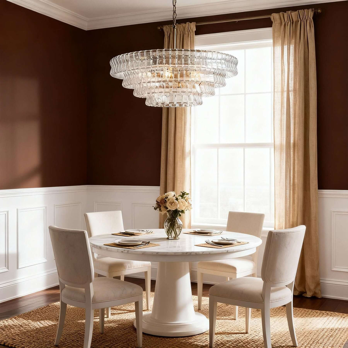 Over a round white dining table, a clear glass Clérachic chandelier hangs in a room with brown walls and tan curtains.