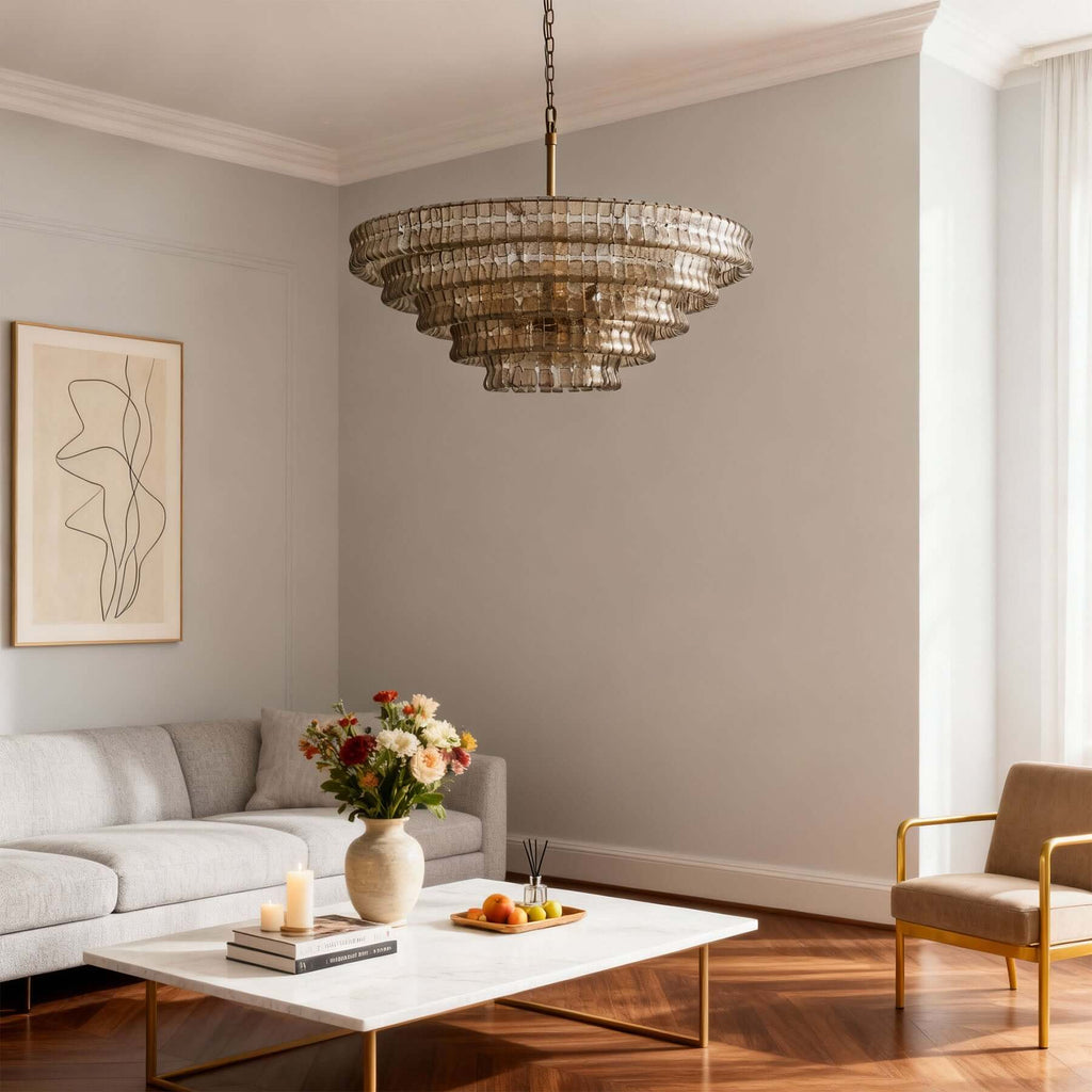 A smoky glass Clérachic chandelier hangs in a light living room with a grey sofa, white coffee table and framed line drawing.