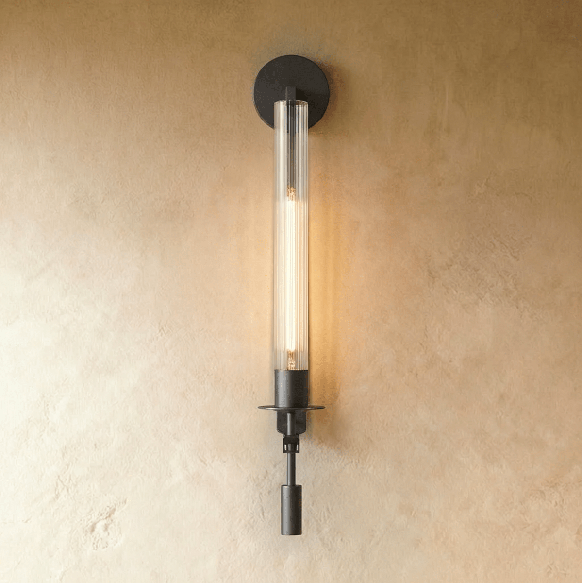 Clérachic wall light in matte black with a slim fluted clear glass tube and a tall filament bulb glowing on limewash.