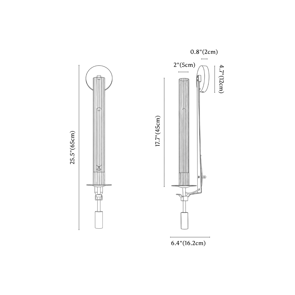 Clérachic wall light dimension drawing, every measurement marked in centimetres and inches.