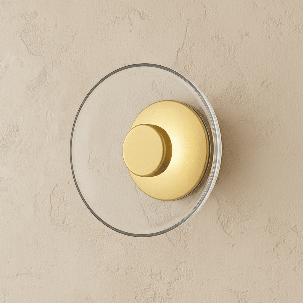 Clérachic glass uplight wall bowl in Transparent, a clear glass dome over a brass centre knob, unlit on a plain wall.