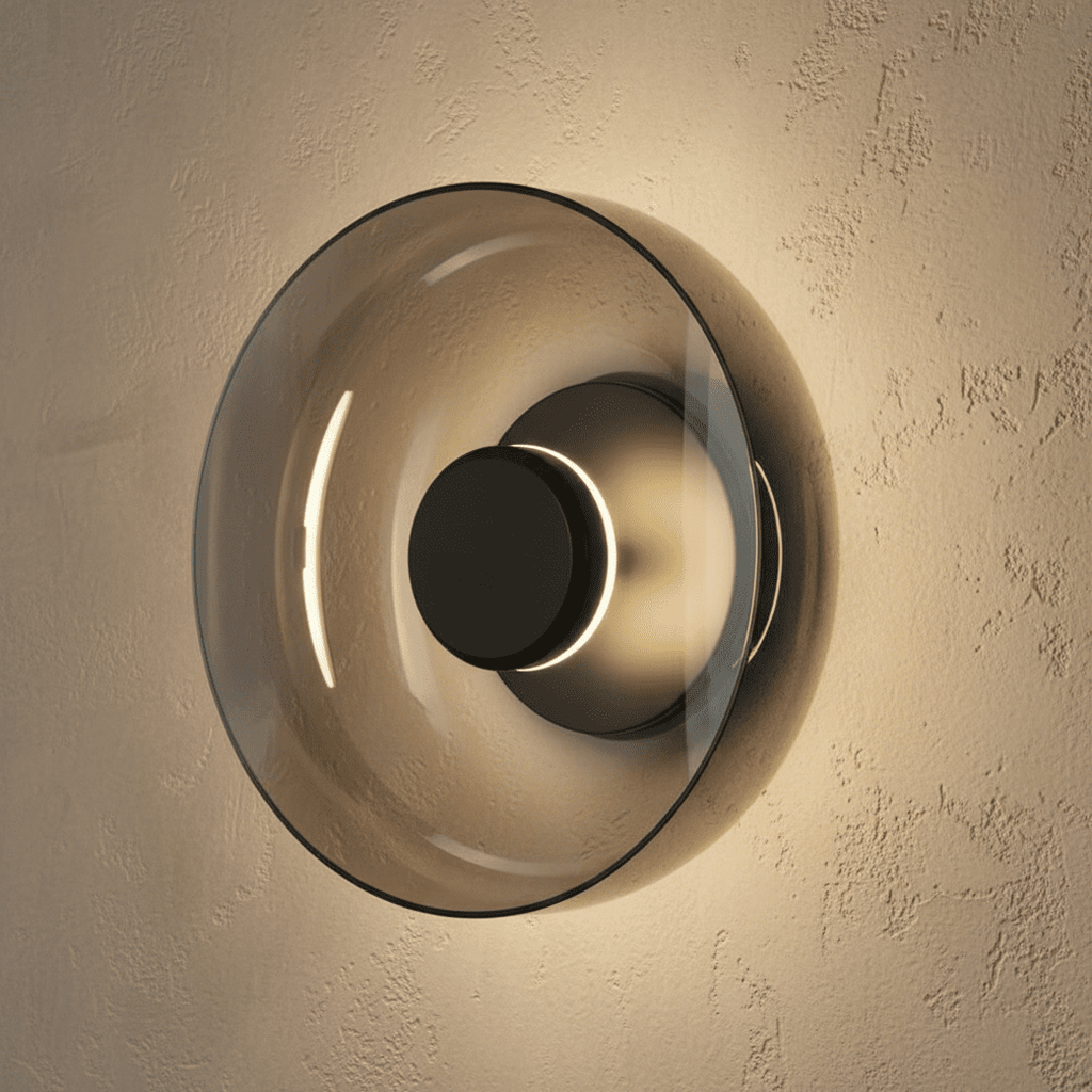 Clérachic glass uplight wall bowl in Smoky gray, its tinted dome glowing warm around a black centre knob.