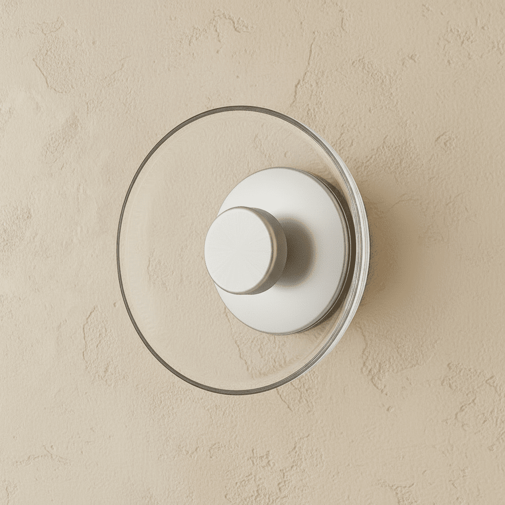 Clérachic glass uplight wall bowl in Transparent, a clear glass dome over a white centre knob, unlit on plaster.