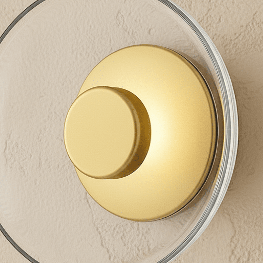 Close-up of the Clérachic glass uplight wall bowl in Transparent, showing its brass centre knob and clear glass rim.