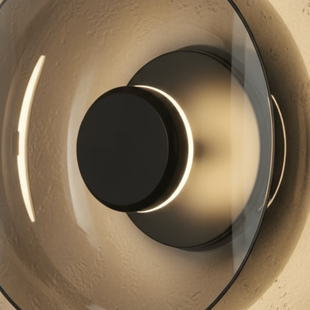 Close-up of the Clérachic glass uplight wall bowl in Smoky gray, its black knob glowing warm behind tinted glass.