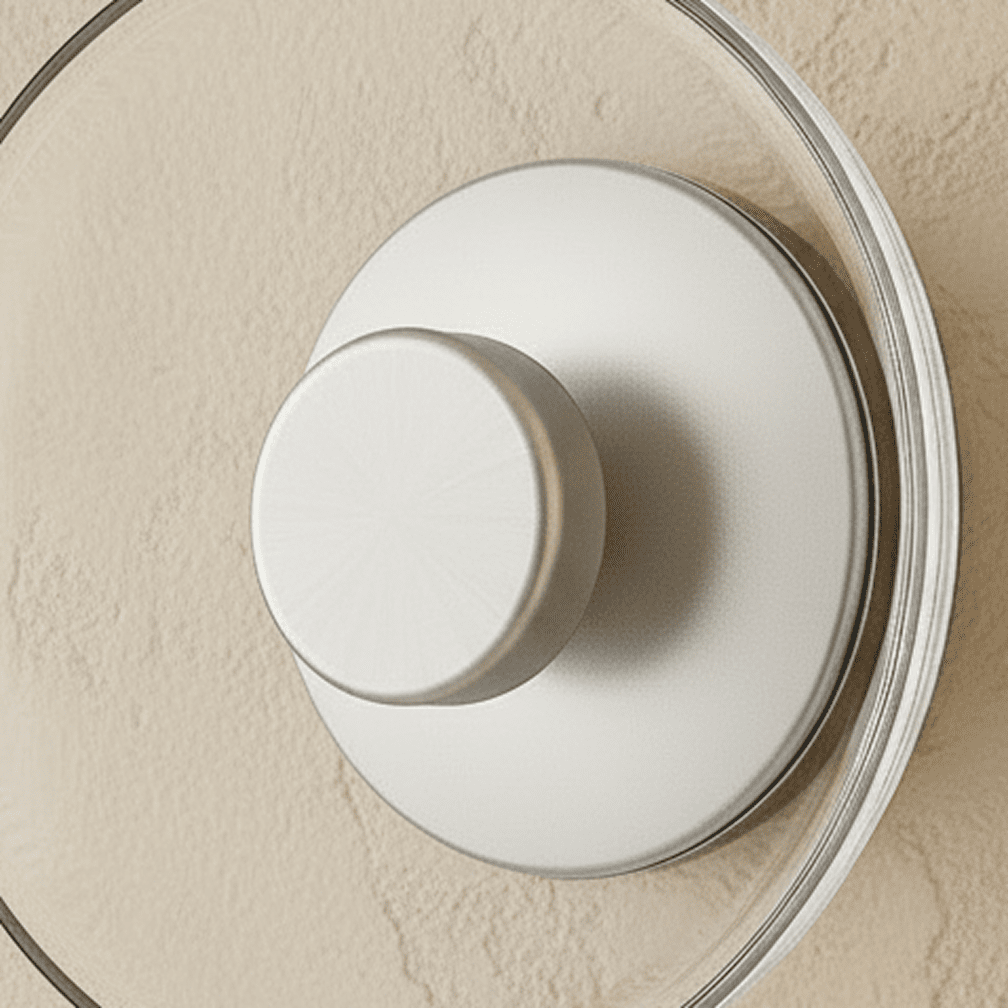 Close-up of the Clérachic glass uplight wall bowl in Transparent, showing its white centre knob and clear glass rim.