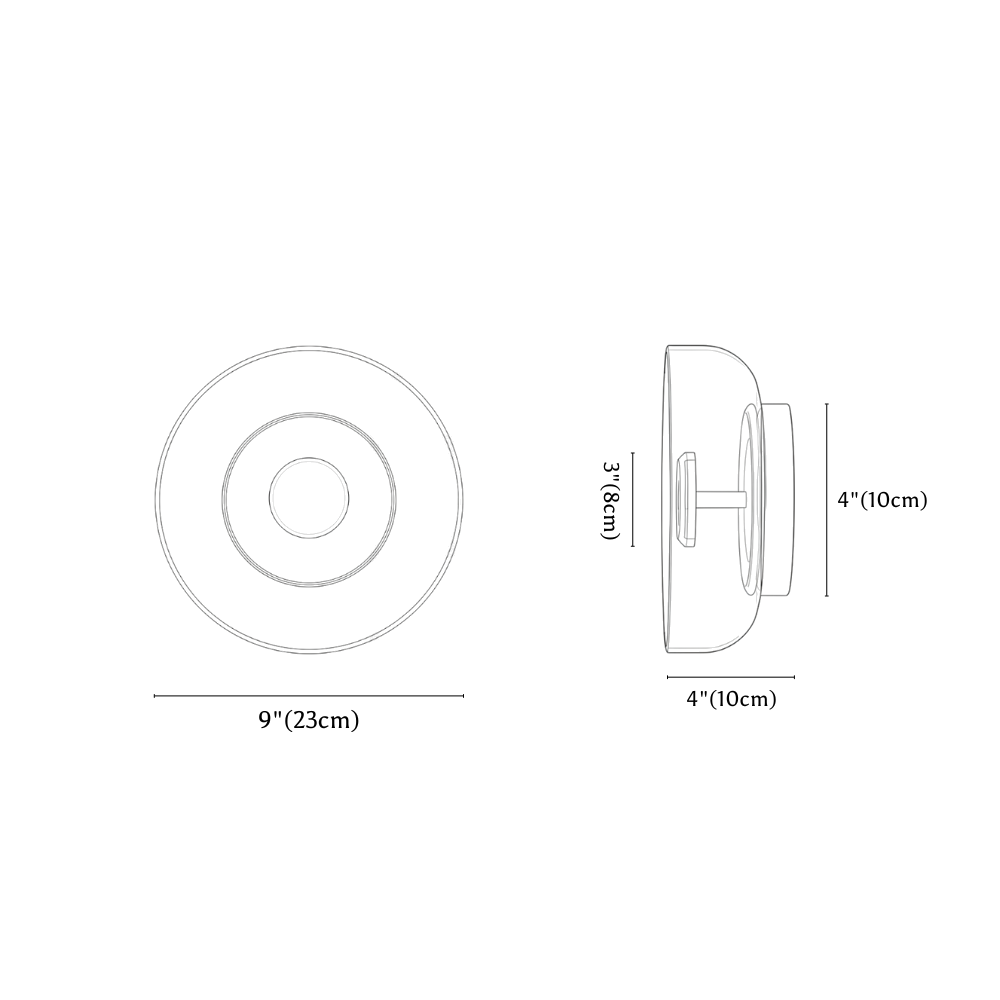 Clérachic wall light dimension drawing, every measurement marked in centimetres and inches.