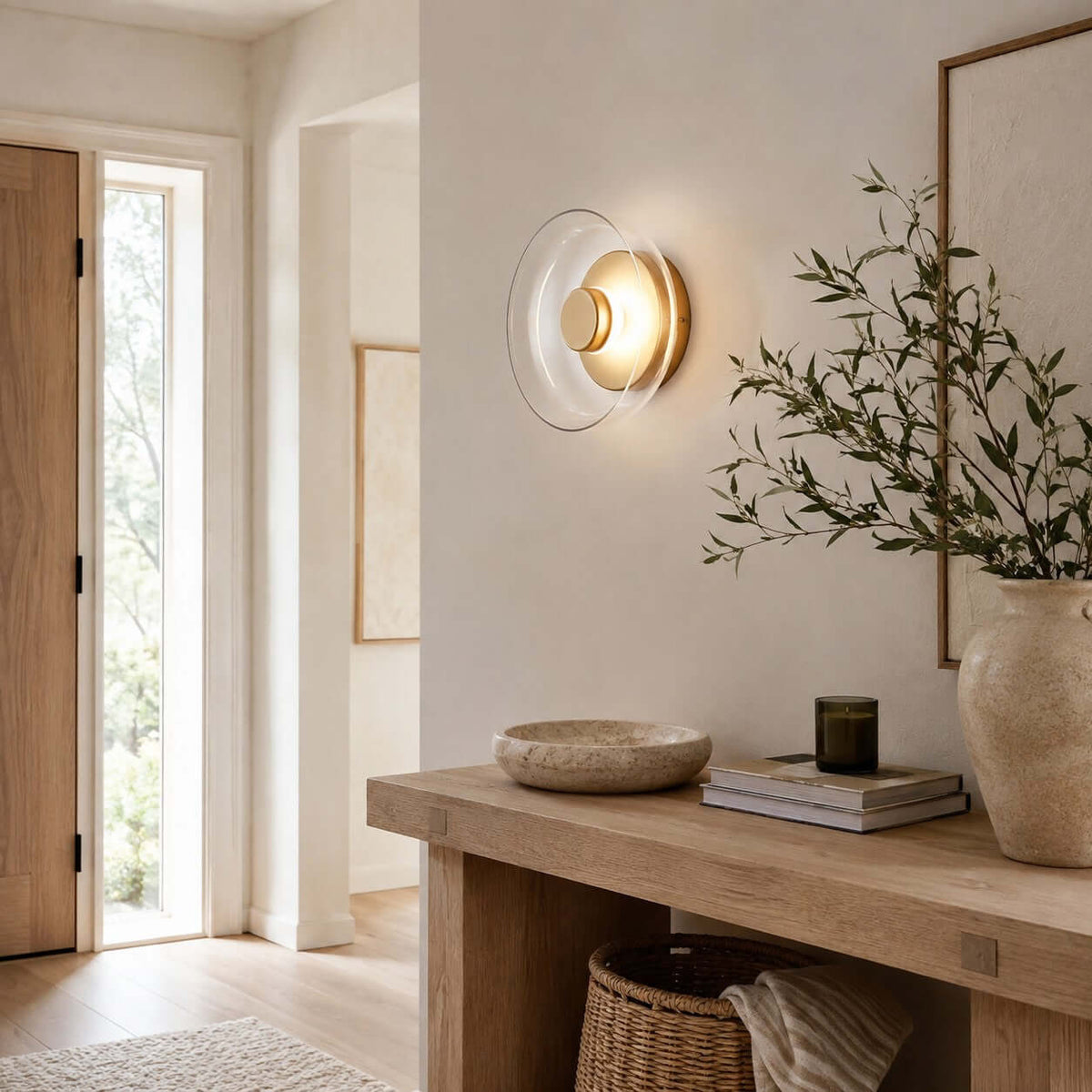 Clérachic glass wall light lit beside an open front door, above a rustic console, a large vase of olive branches and a basket.