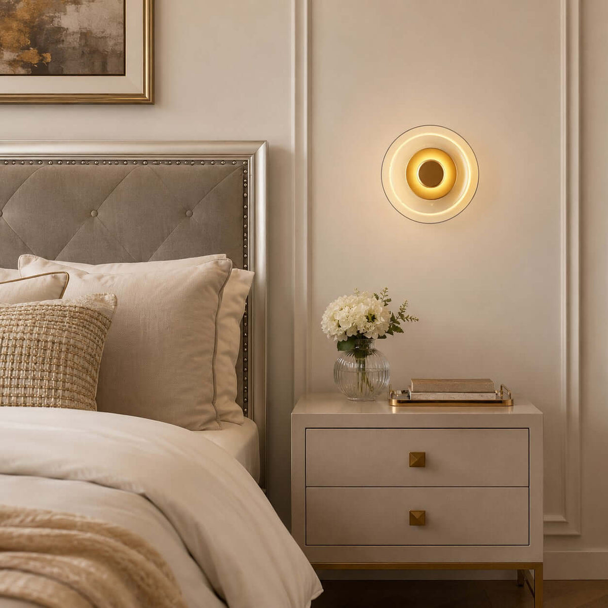 Lit Clérachic wall light above a cream two-drawer bedside table, with a button-tufted headboard and a small vase of white flowers.