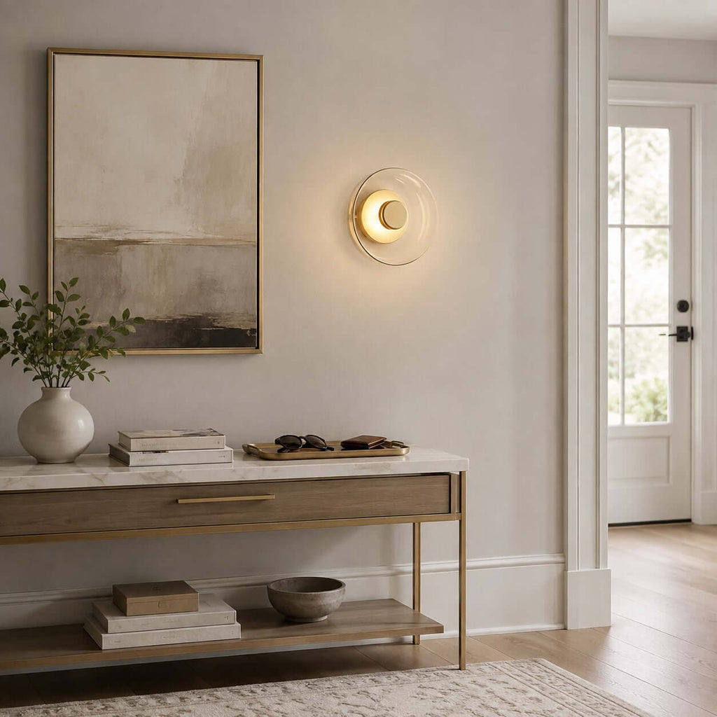 Clérachic glass wall light lit beside a large framed landscape, above a marble-topped console with books and a stone bowl.