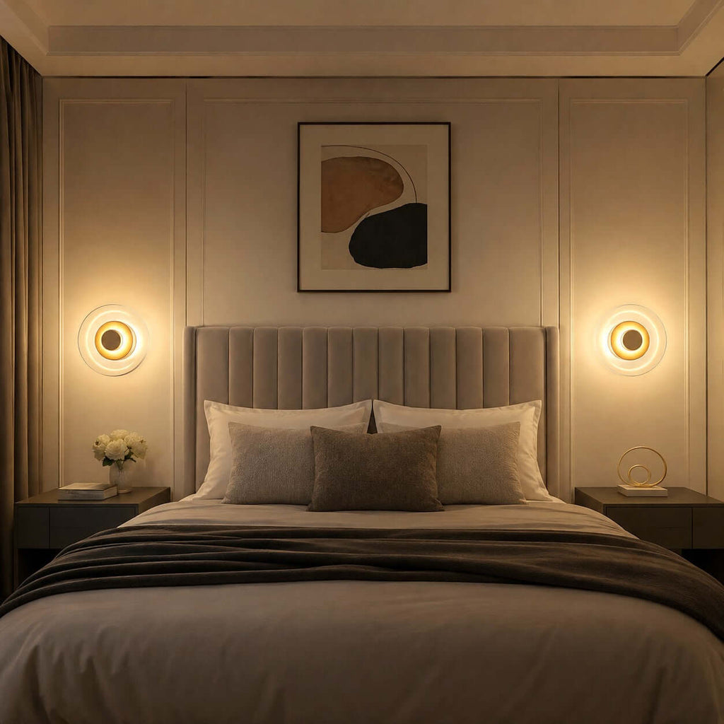 Two Clérachic wall lights lit either side of a grey upholstered headboard, with a framed abstract print above the bed.