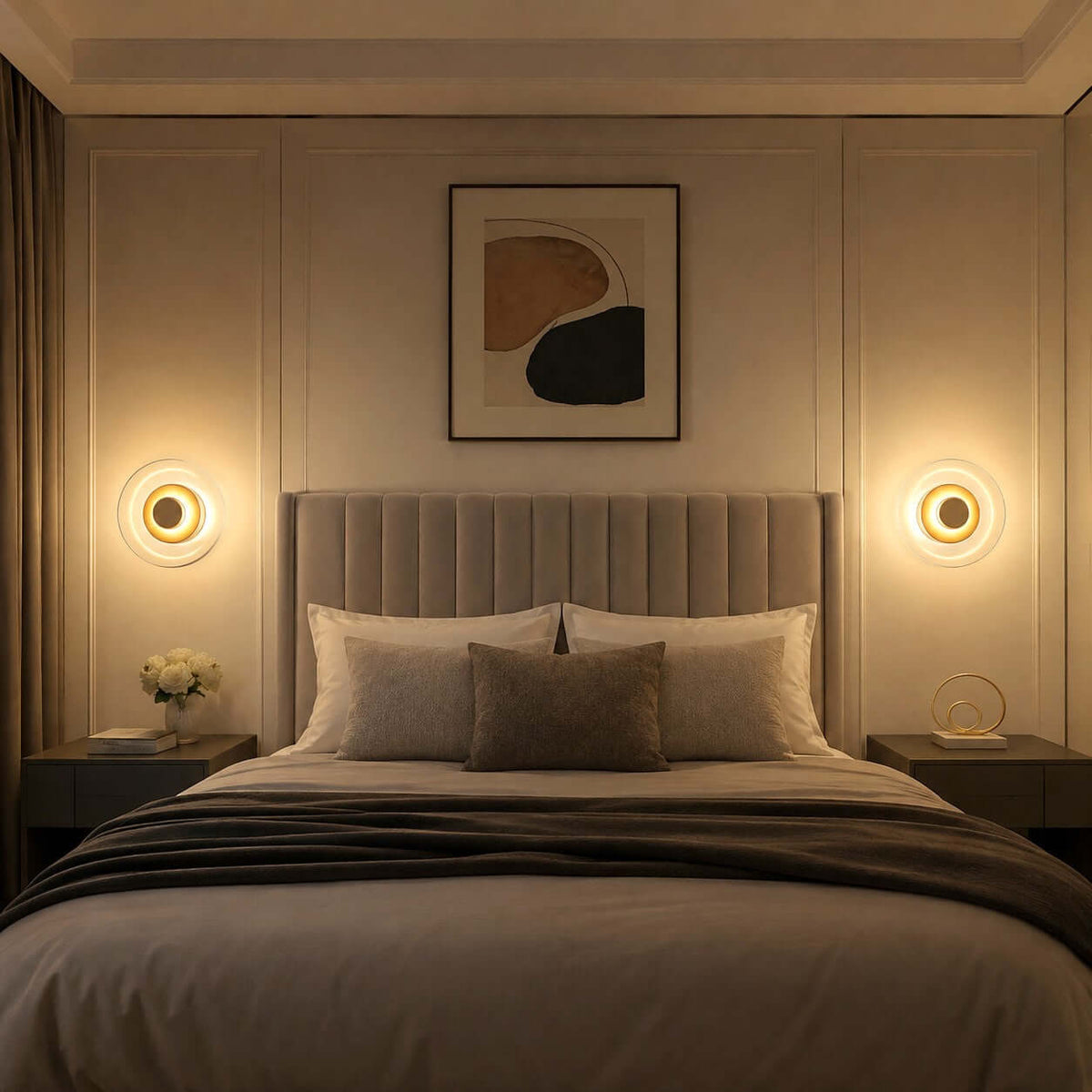 Two Clérachic wall lights lit either side of a grey upholstered headboard, with a framed abstract print above the bed.