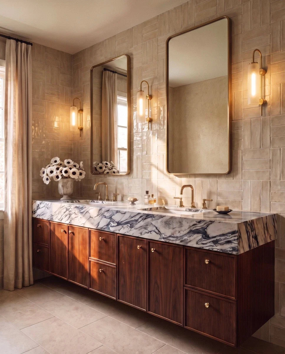 Three Clérachic brass wall lights with frosted glass cylinders beside brass-framed mirrors above a marble and walnut vanity.