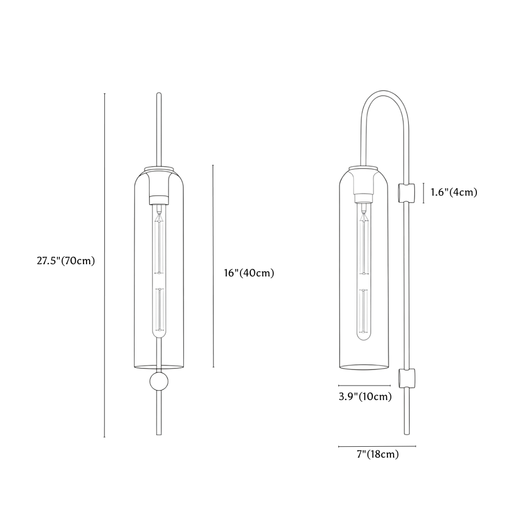 Clérachic wall light dimension drawing, 70 cm overall with a 40 cm shade, every measurement marked in centimetres and inches.