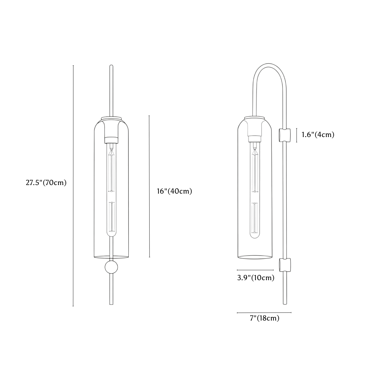 Clérachic wall light dimension drawing, 70 cm overall with a 40 cm shade, every measurement marked in centimetres and inches.