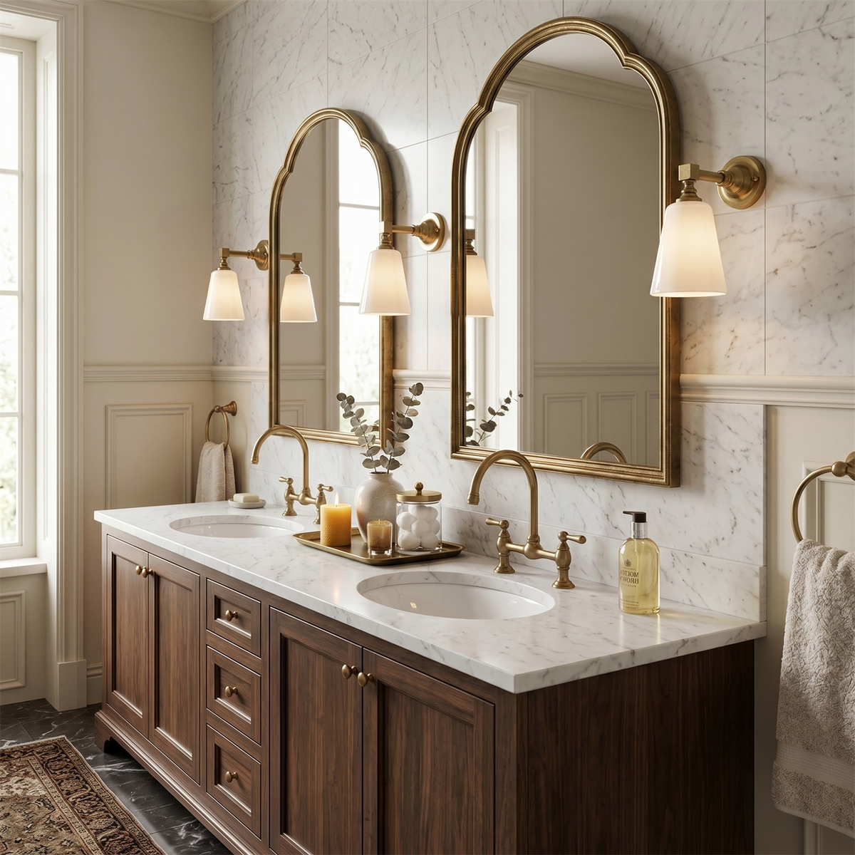 Gold Clérachic wall lights beside arched brass-framed mirrors above a marble double vanity with a dark wood cabinet.