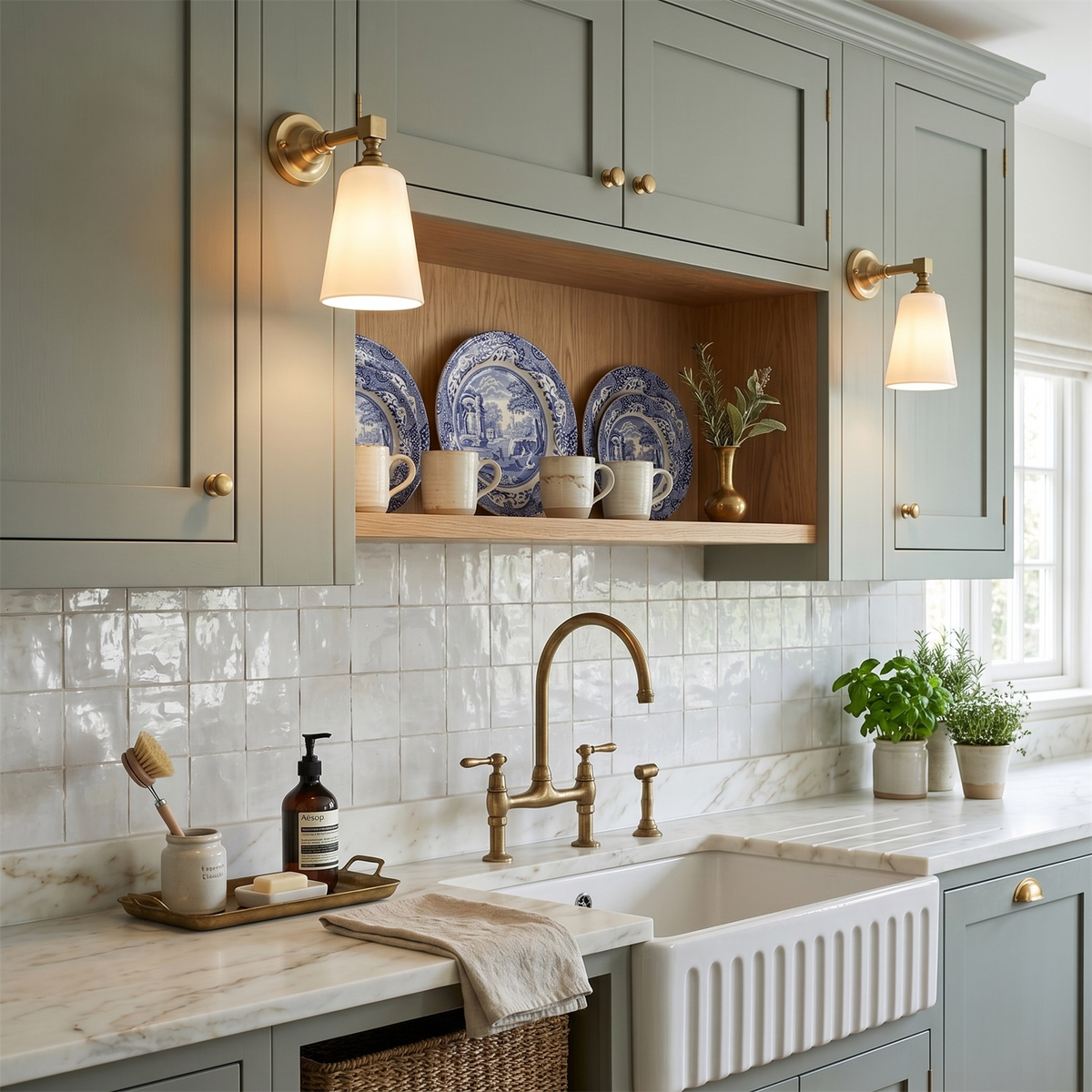 Lit Clérachic wall lights with white glass shades flank a sage-green kitchen cabinet, above a shelf of blue and white plates and a farmhouse sink.
