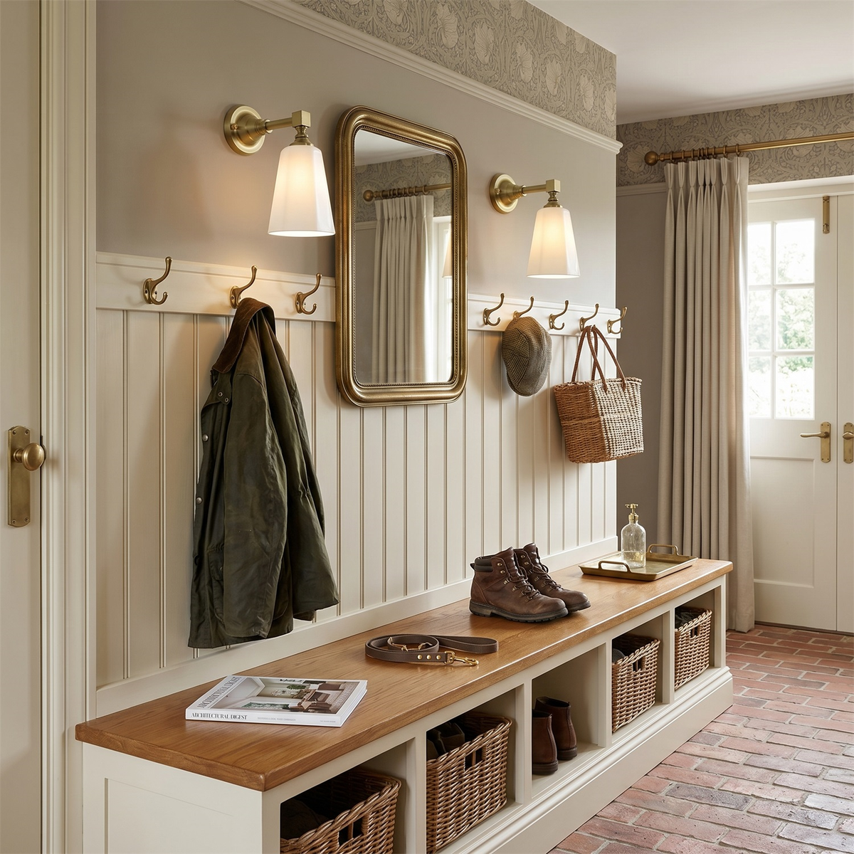 In a hallway with coat hooks and a storage bench, a pair of gold Clérachic wall lights sit either side of a small brass-framed mirror.