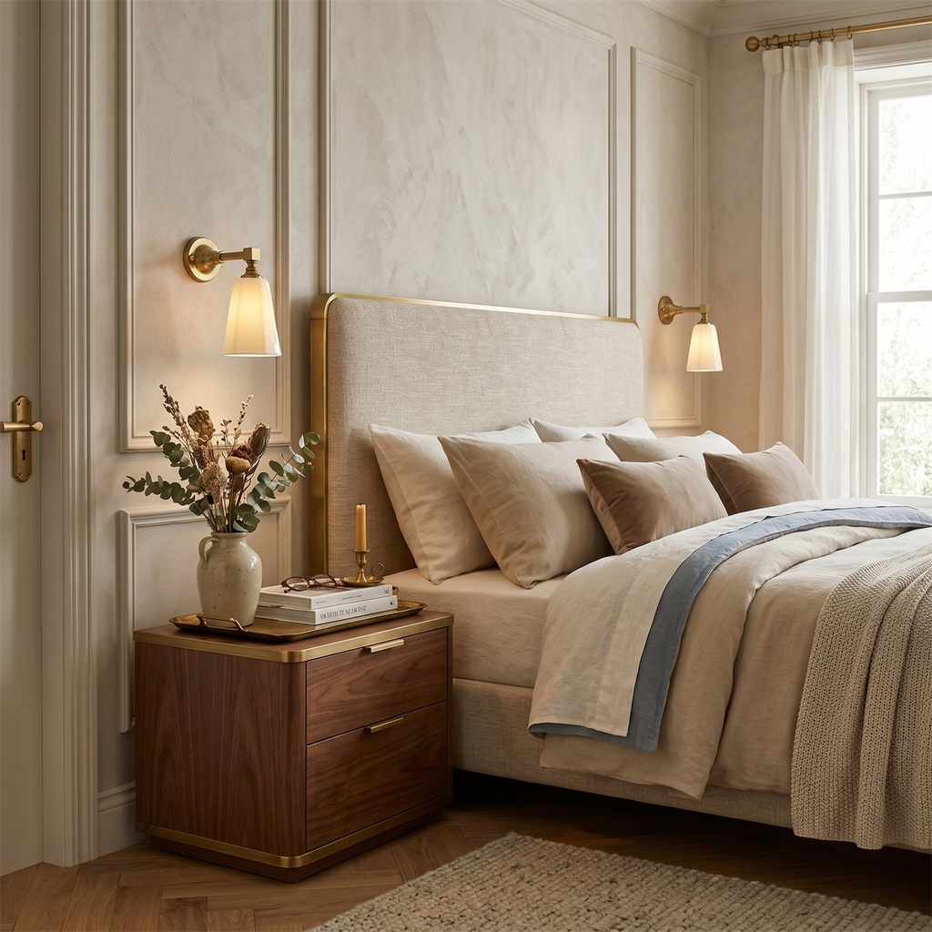 Gold Clérachic wall lights on either side of a bedroom door and a bedside table, with a cream upholstered bed in the corner.