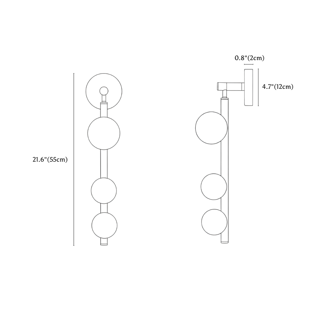 Clérachic wall light dimension drawing, every measurement marked in centimetres and inches.