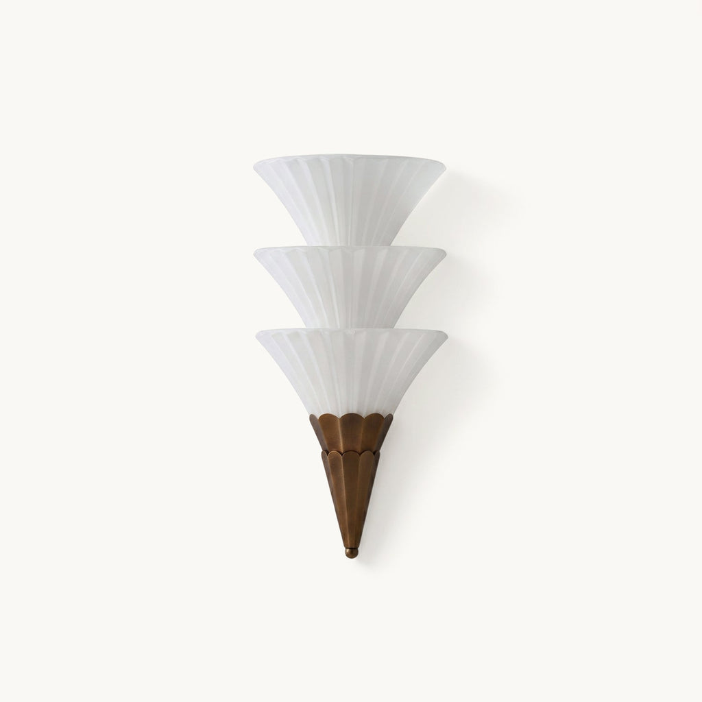 Unlit Clérachic wall sconce with three stacked frosted glass cones and a bronze-brown base, on a white backdrop.