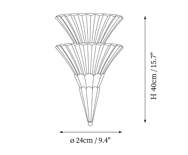 Clérachic wall light dimension drawing, 2 of 3, every measurement marked in centimetres and inches.