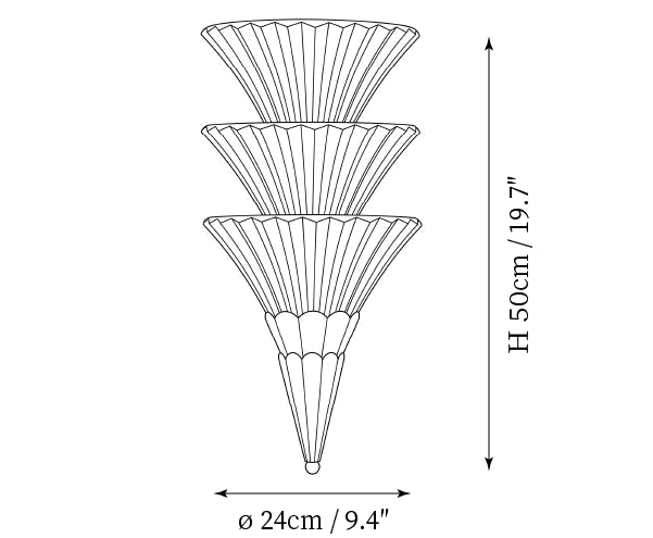 Clérachic wall light dimension drawing, 3 of 3, every measurement marked in centimetres and inches.