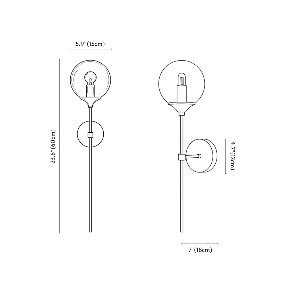 Clérachic wall sconce dimension drawing, 1 of 2, every measurement marked in centimetres and inches.